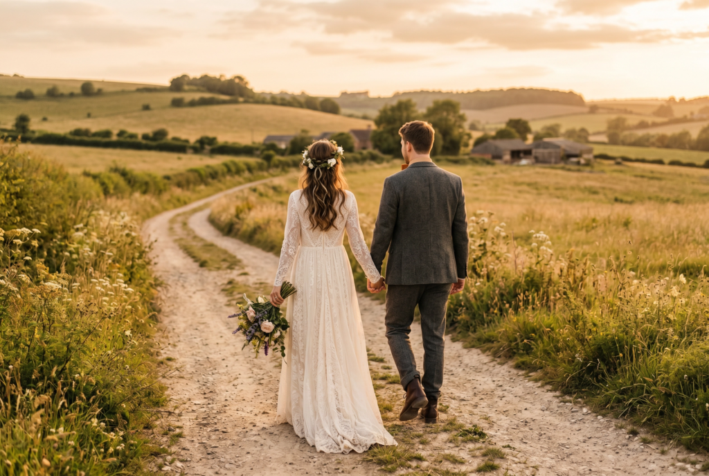 Brautpaar Hand in Hand im Abendlicht nach der Hochzeit — Hochzeitsnacht entspannt beginnen